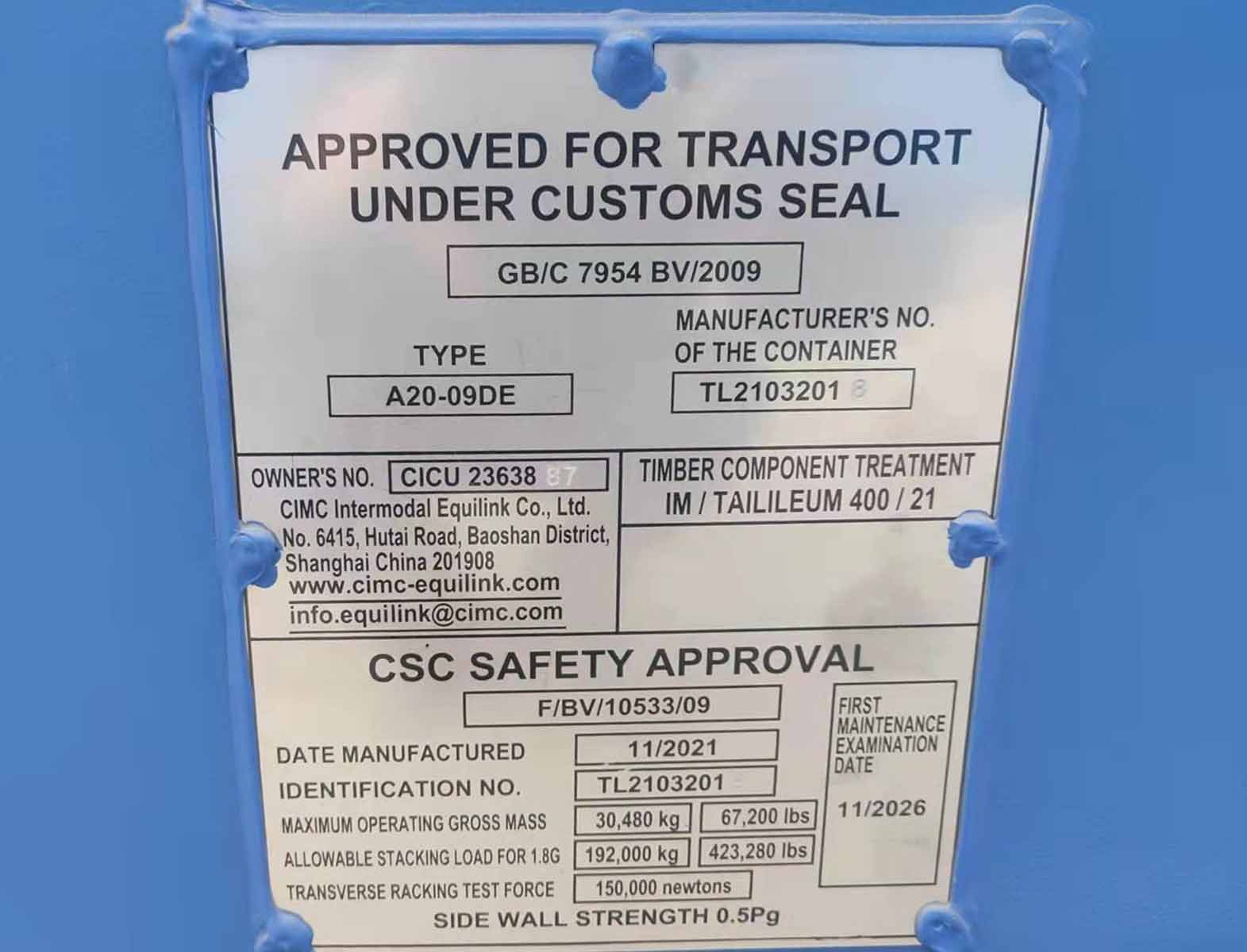 CSC data plate of a CIMC Container