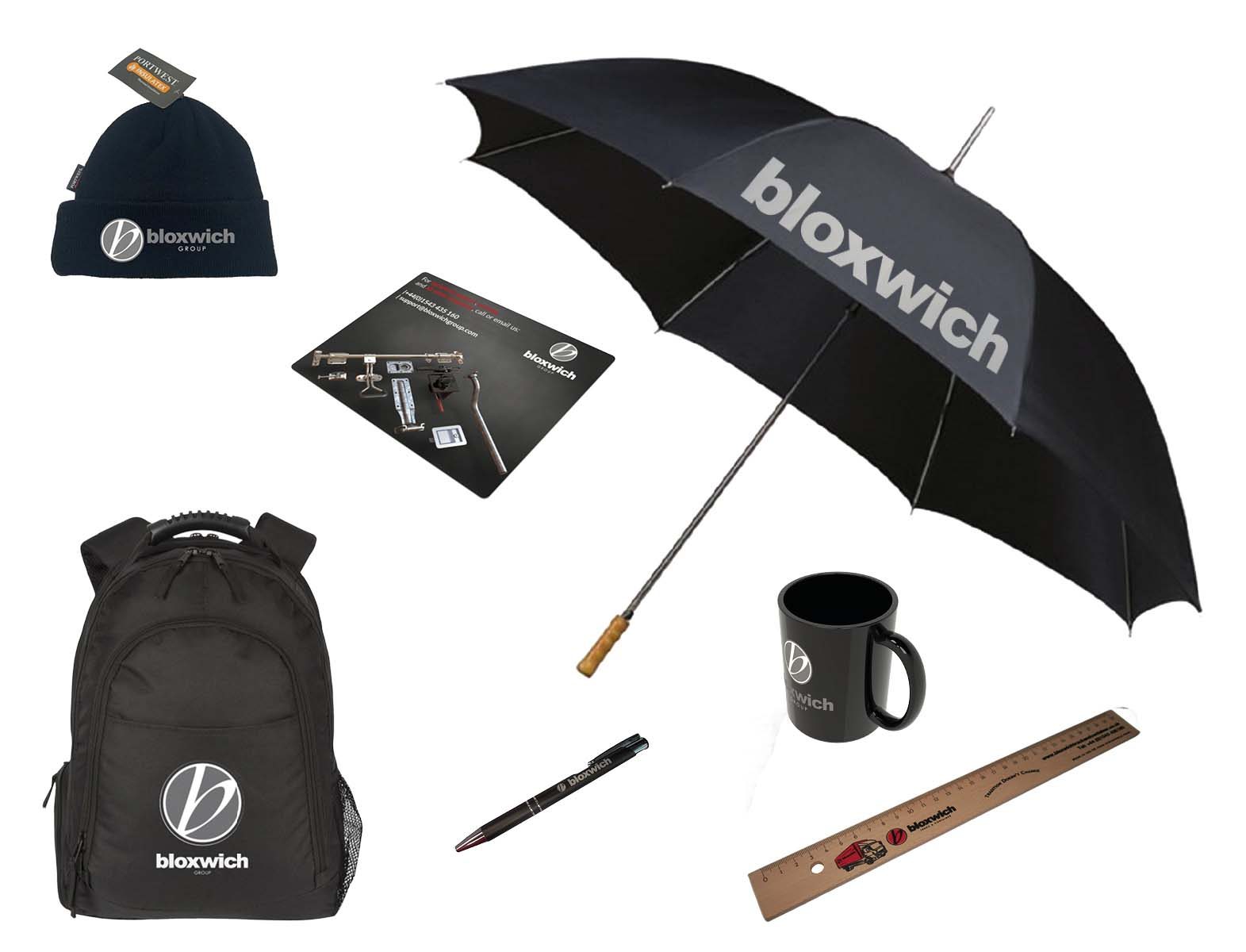 Bloxwich promotional items, can include a hat, rucksack, pen, ruler, umbrella, mousemat and mug