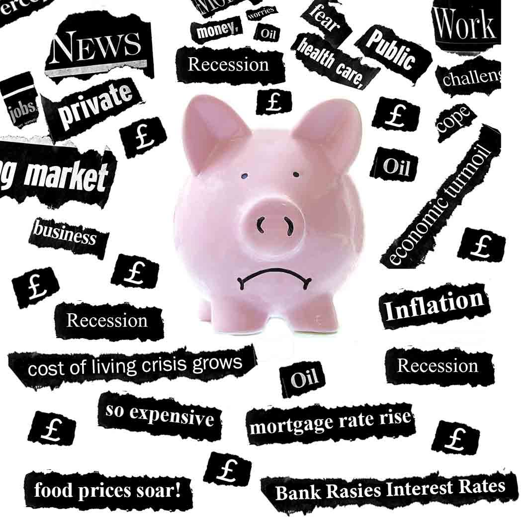 pink piggy bank surrounded by cost of living and financial phrases and newspaper headlines to depict the fact that prices for most things are going up in the UK